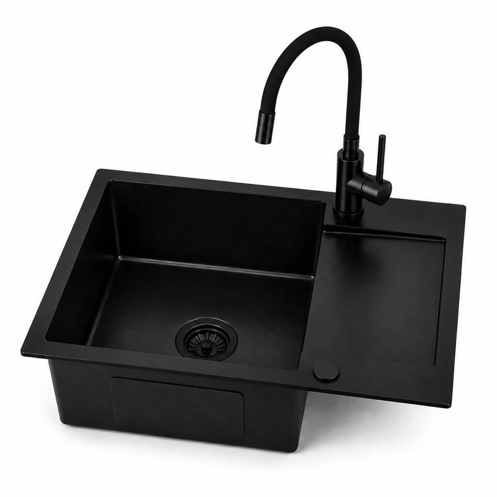 Ruvetti Look Edelstahlspüle mit Armatur 60x48 cm schwarz LP_LOOK120-5200-PVDBL-S
