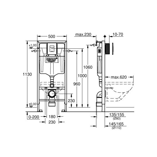 Set Verdeckter Rahmen mit Betätigungsplatte Grohe Rapid SL 39449000, WC-Becken mit Absenkautomatik-Sitz Grohe Bau Ceramic 39351000