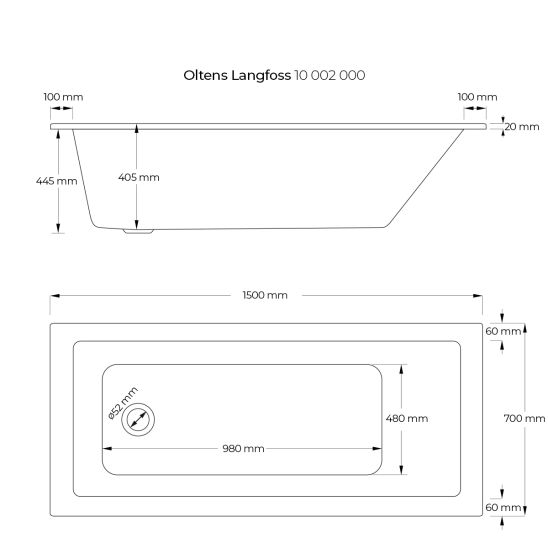 Set Rechteckige Badewanne Oltens Langfoss 10002000, Badewannensiphon Oltens Fusa 03002100