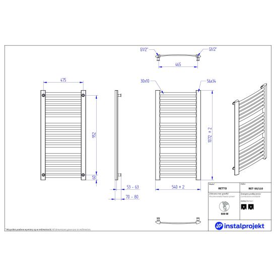 Set Thermostatset Instal Projekt Z17 606400001C31, Badezimmerheizkörper Instal Projekt Retto RET-50/110C31