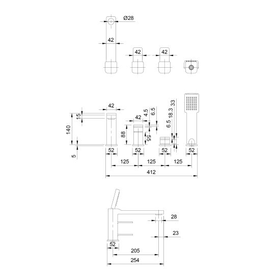 Set Badewannen- und Duscharmatur Omnires Slide SL7732GR, Waschtischarmatur Omnires Slide SL7710GR