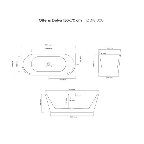 Set Wandmontierte Badewanne Oltens Delva 12018000, Verschlusskappe Oltens 09002000