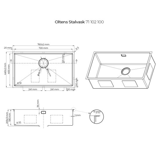 Set Stahlspüle Oltens Stalvask 71102100, Reinigungsmittel für Stahlspülen Oltens NanoClean 89600000