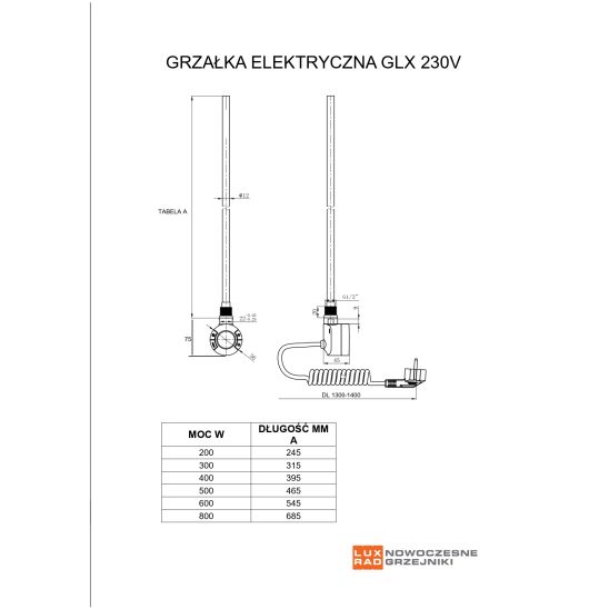Set Elektrischer Heizkörper Luxrad Ares Elektro ARES6484509003ERG, Elektro-Heizstab Luxrad GLX GLX400B