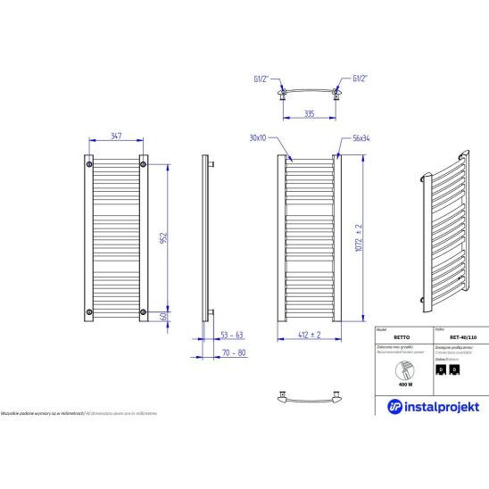 Set Badezimmerheizkörper Instal Projekt Retto RET-40/110, Thermostatset Instal Projekt Z17 606400001