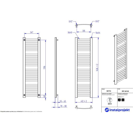 Set Badezimmerheizkörper Instal Projekt Retto RET-40/140C12, Thermostatset Instal Projekt Z17 606400001C12