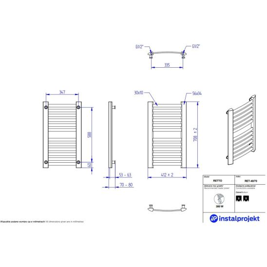 Set Thermostatset Instal Projekt Z17 606400001C12, Badezimmerheizkörper Instal Projekt Retto RET-40/70C12