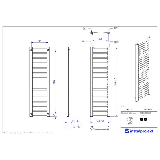 Set Badezimmerheizkörper Instal Projekt Retto RET-40/140C31, Thermostatset Instal Projekt Z17 606400001C31
