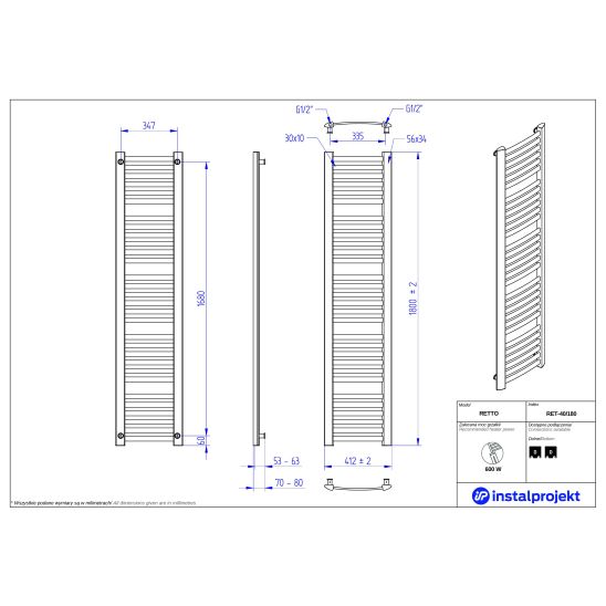 Set Badezimmerheizkörper Instal Projekt Retto RET-40/180C31, Thermostatset Instal Projekt Z17 606400001C31