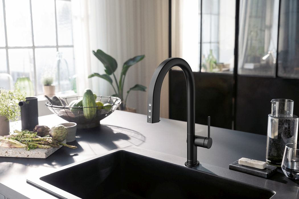 Schwarze Küchenarmatur mit Filterfunktion