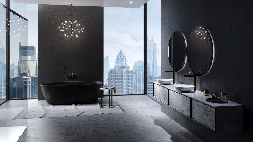 čern&eacute; koupelnov&eacute; baterie v elegantn&iacute; čern&eacute; koupelně