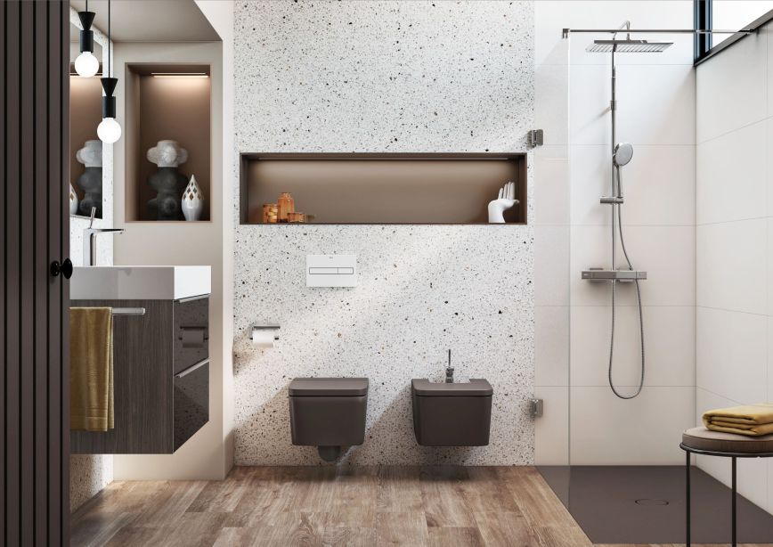 koupelna v hnědé barvě s teracovou dlažbou